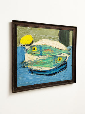 Original Textured Oil Painting of Abstract Fish with Lemon