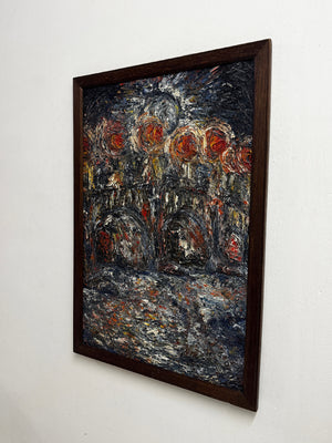 Vintage Abstract Impasto Canvas Oil Painting of a Bridge