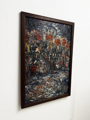 Vintage Abstract Impasto Canvas Oil Painting of a Bridge