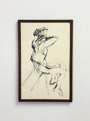 Mid Century Nude Life Drawing Ink Study Seated Female Figure