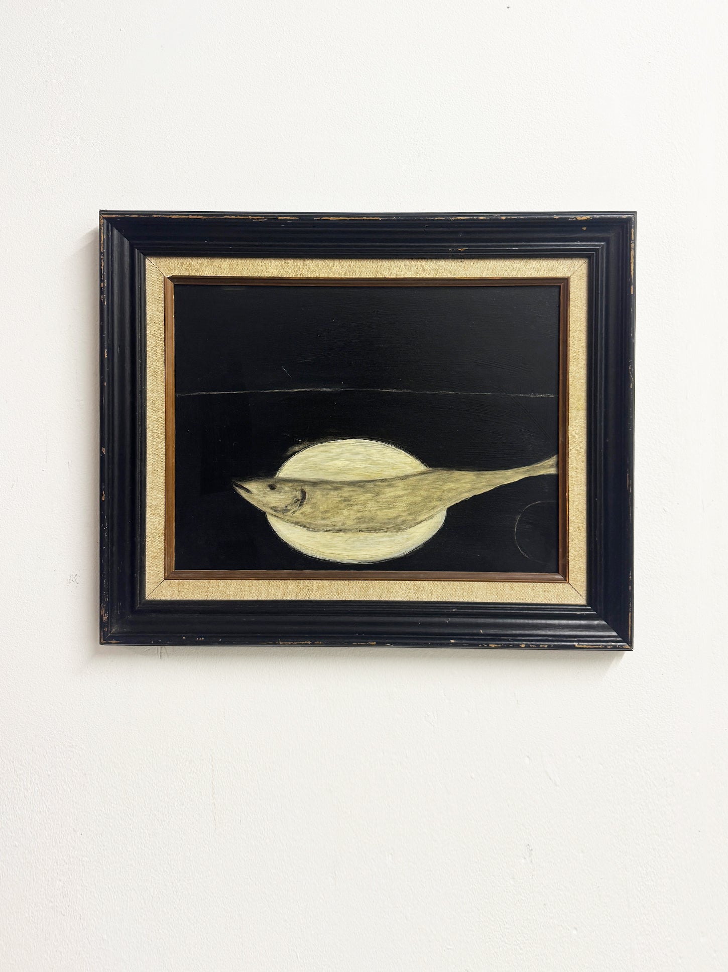 Vintage Black Oil Painting of an Abstract Fish