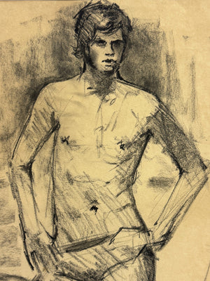Mid-Century Academic Male Nude Study – Signed Charcoal Drawing P. Tait, 1967