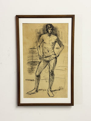 Mid-Century Academic Male Nude Study – Signed Charcoal Drawing P. Tait, 1967