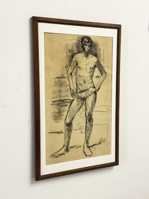 Mid-Century Academic Male Nude Study – Signed Charcoal Drawing P. Tait, 1967