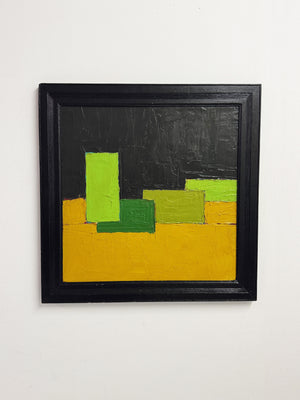 Mid Century Abstract Geometric Painting Impasto Texture Green Yellow Black Framed