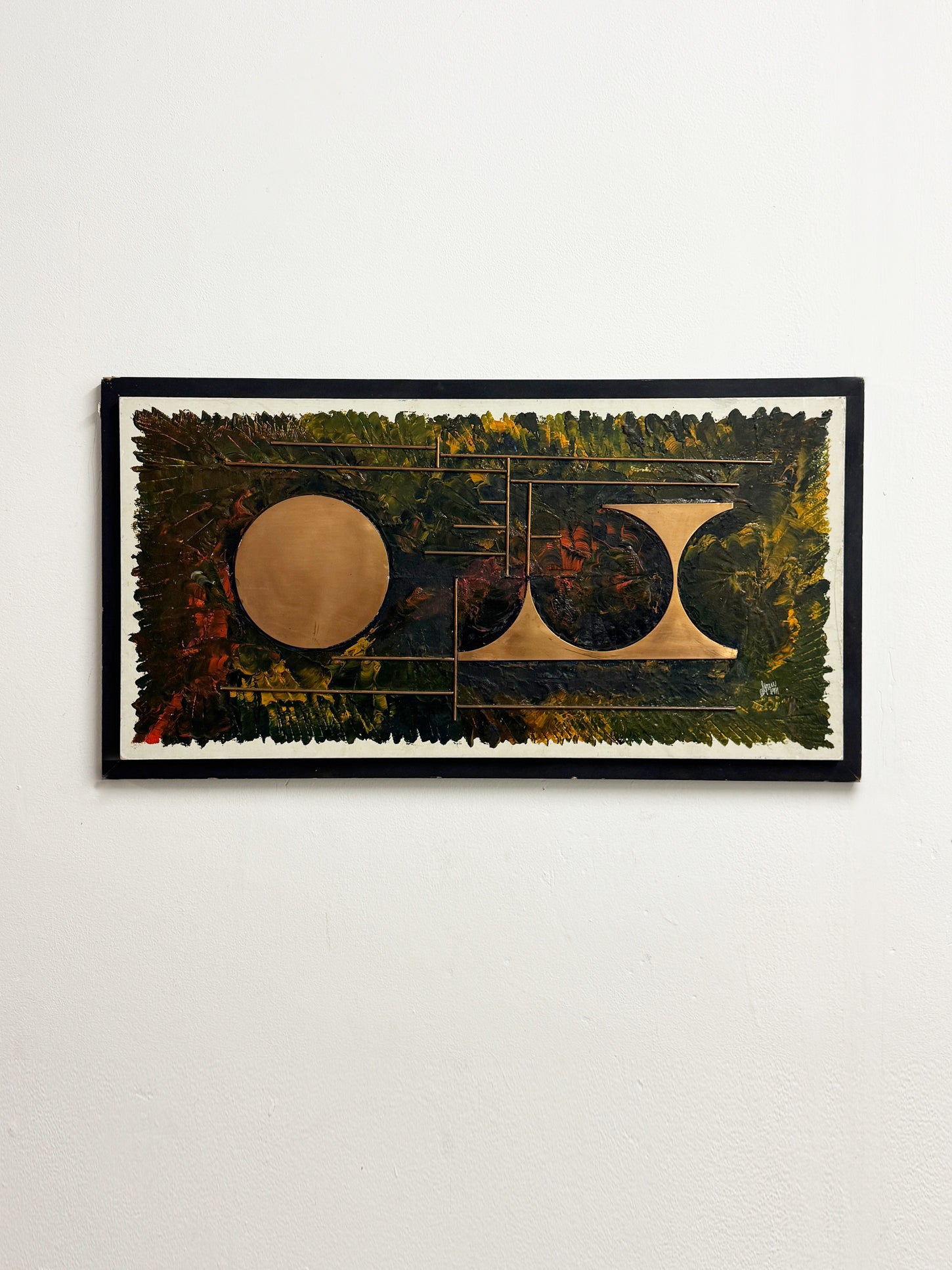 1970s Italian Vintage Abstract Copper & Oil Painting, Brutalist Geometric Artwork