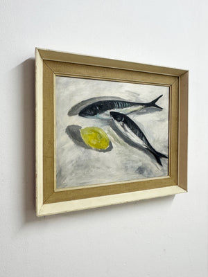 Vintage Swedish Still Life – Oil Painting with Fish and Lemon