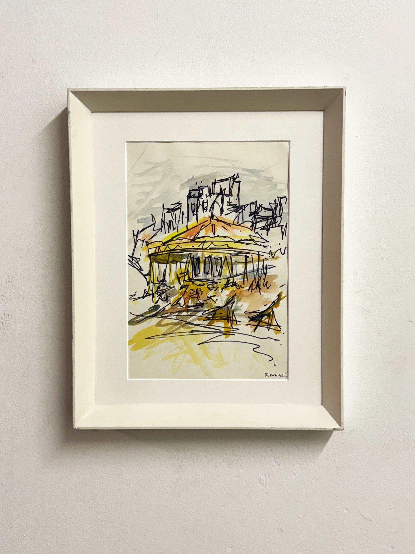 Felix Robbins, Vintage Ink and Watercolour Carousel Fairground Scene Painting