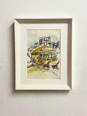 Felix Robbins, Vintage Ink and Watercolour Carousel Fairground Scene Painting