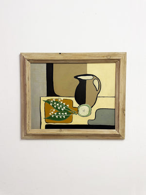 Mid-Century Modernist Still Life Style Painting with Lily of the Valley and Jug