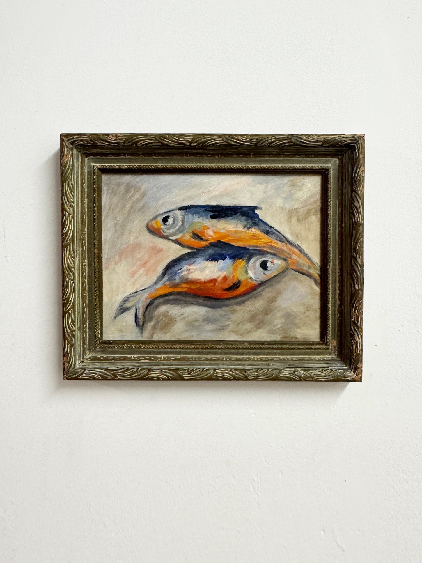 Vintage Swedish Still Life Oil Painting of Two Fish