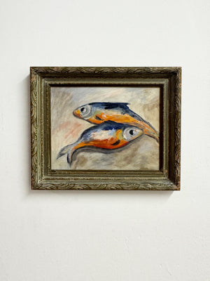 Vintage Swedish Still Life Oil Painting of Two Fish