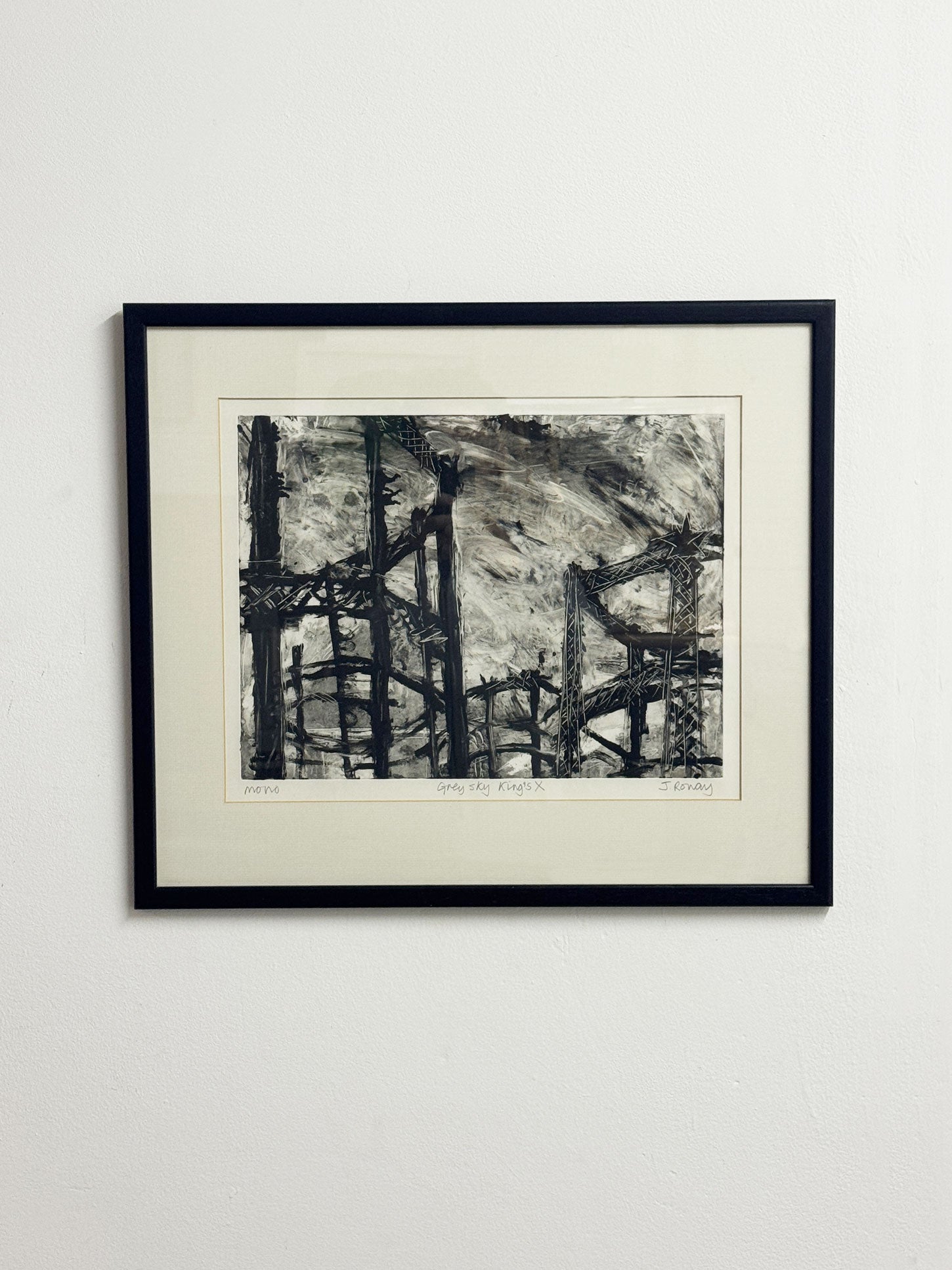 Vintage Monochrome Abstract Painting, Grey Skies King’s X, London by J. Ronay
