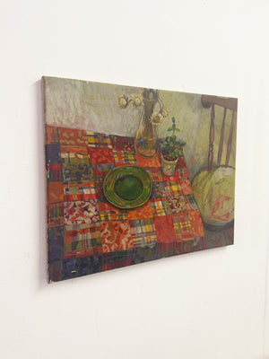 Mid-Century Still Life Oil Painting on Canvas Interior Scene with Patchwork Tablecloth