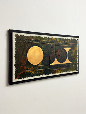 1970s Italian Vintage Abstract Copper & Oil Painting, Brutalist Geometric Artwork