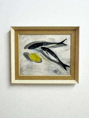 Vintage Swedish Still Life – Oil Painting with Fish and Lemon