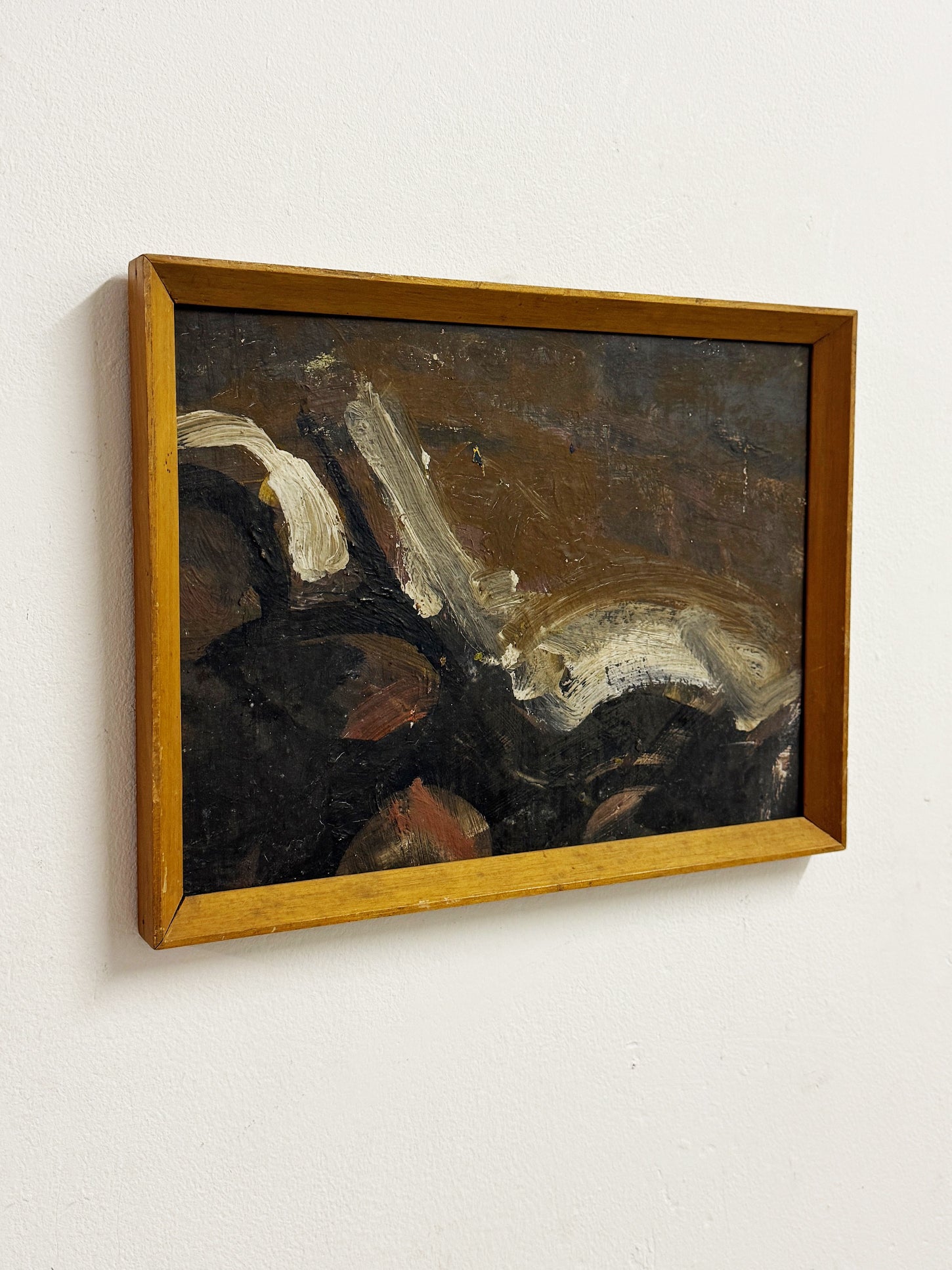 Swedish Mid-Century Vintage Old Scandinavian Abstract Dark Textured Oil Painting