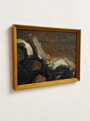 Swedish Mid-Century Vintage Old Scandinavian Abstract Dark Textured Oil Painting