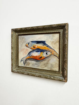 Vintage Swedish Still Life Oil Painting of Two Fish