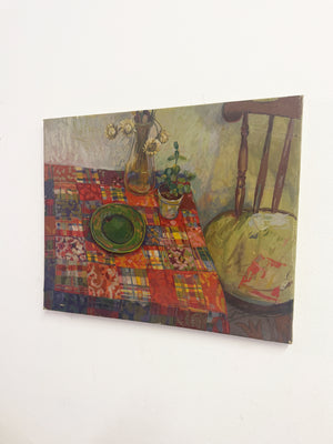 Mid-Century Still Life Oil Painting on Canvas Interior Scene with Patchwork Tablecloth
