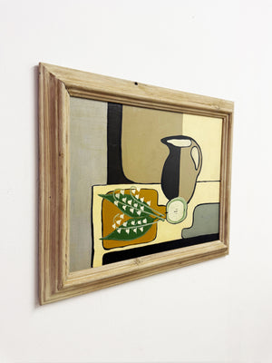 Mid-Century Modernist Still Life Style Painting with Lily of the Valley and Jug