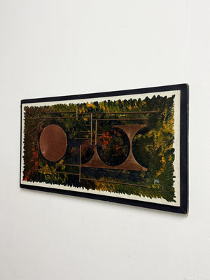 1970s Italian Vintage Abstract Copper & Oil Painting, Brutalist Geometric Artwork