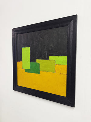 Mid Century Abstract Geometric Painting Impasto Texture Green Yellow Black Framed