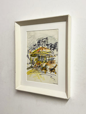Felix Robbins, Vintage Ink and Watercolour Carousel Fairground Scene Painting