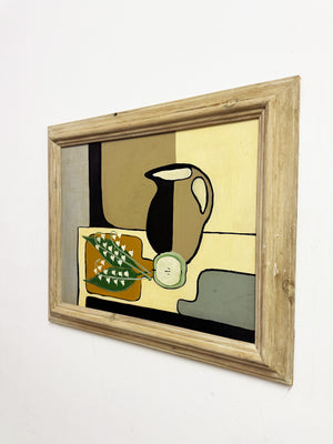 Mid-Century Modernist Still Life Style Painting with Lily of the Valley and Jug