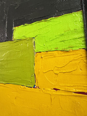 Mid Century Abstract Geometric Painting Impasto Texture Green Yellow Black Framed
