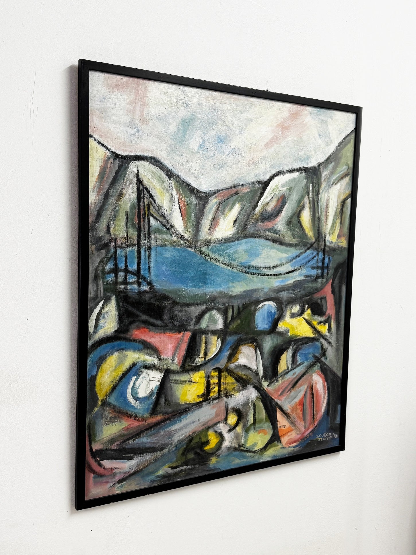 Large Signed 1996 Modernist Abstract Landscape Painting by Sousan Itayim