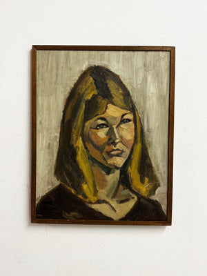 Mid-Century Modernist Female Portrait Oil Painting