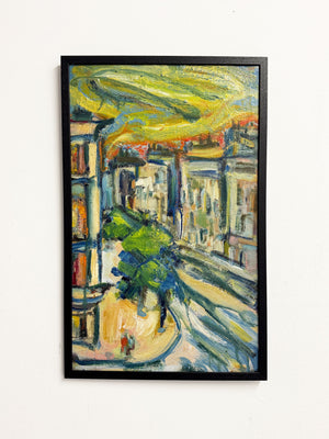 Mid Century Abstract Cityscape,  Signed Oil Painting