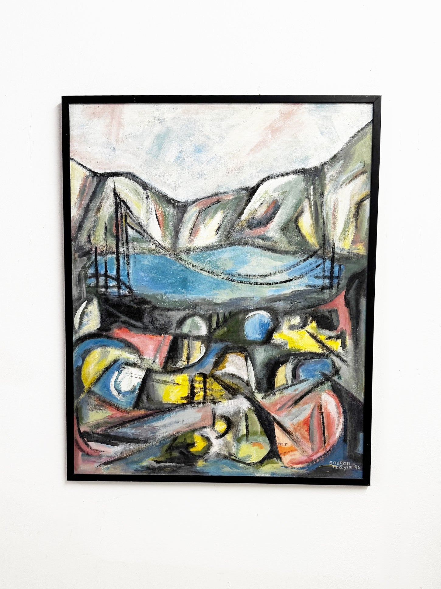 Large Signed 1996 Modernist Abstract Landscape Painting by Sousan Itayim