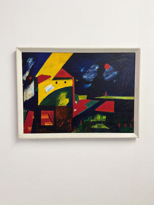 Signed French Abstract Landscape Painting – Modernist Colourful Artwork by Meule